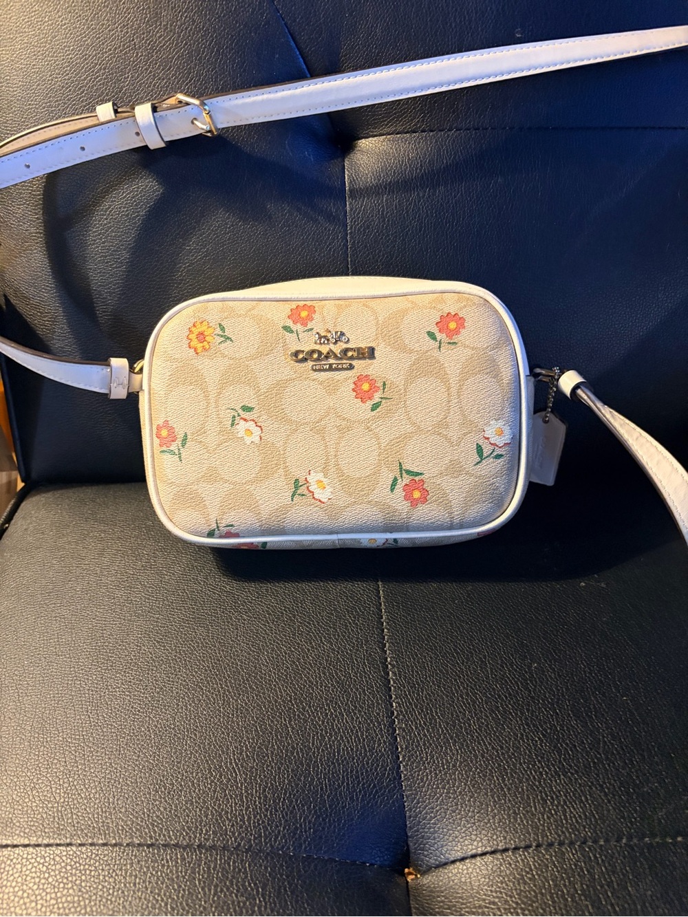 Coach Beige Signature Floral Crossbody with Pale Pink Strap